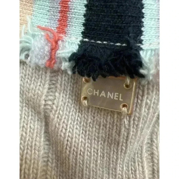 CHANEL Cashmere Cardigan 36 Small S Long Sweater Fringe Striped Front 2 Pockets - Picture 5 of 11